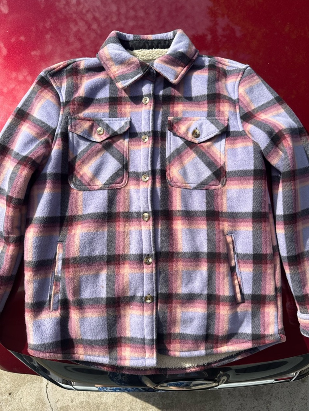 Sage Collective Plush-Lined Plaid Jacket - Lavender & Pink